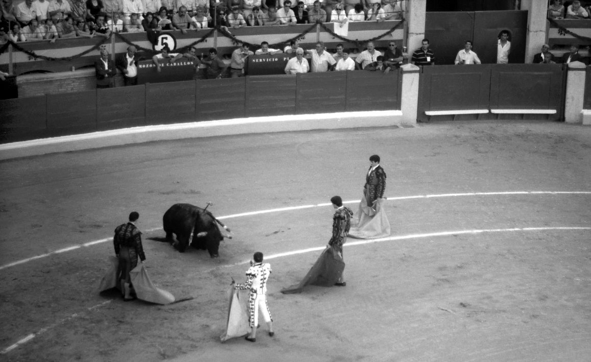 Four matadors standing in a semi-circle around a dying bull.
