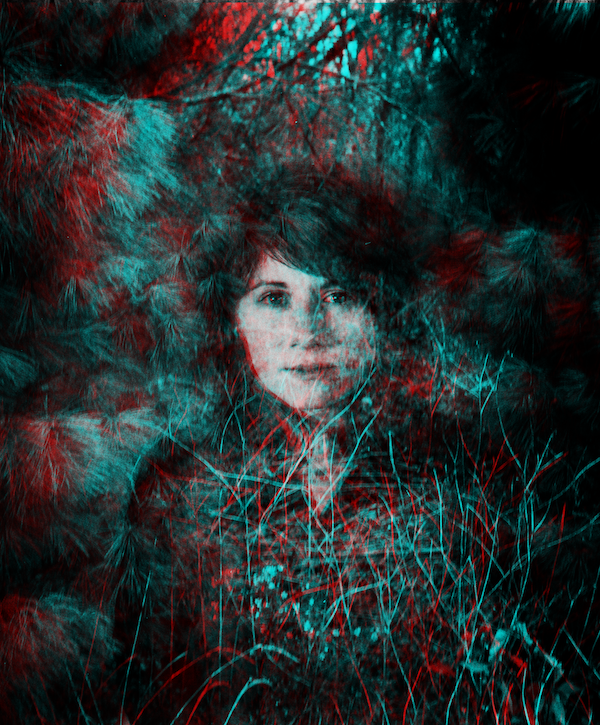 3D image with separate cyan and magenta layers that shows a multiple exposure image of a woman staring into the camera, with pine needles and grass in the background.