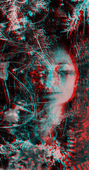 3D image with separate cyan and magenta layers that shows a multiple exposure image of a woman with eyes closed, surrounded by plants.