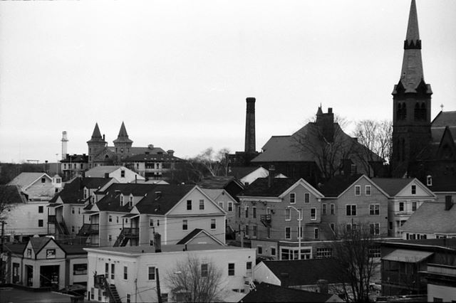 Black and white image of Lowell houses.