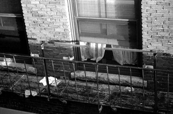 Black and white image of a window with white curtains opened to a fire escape.